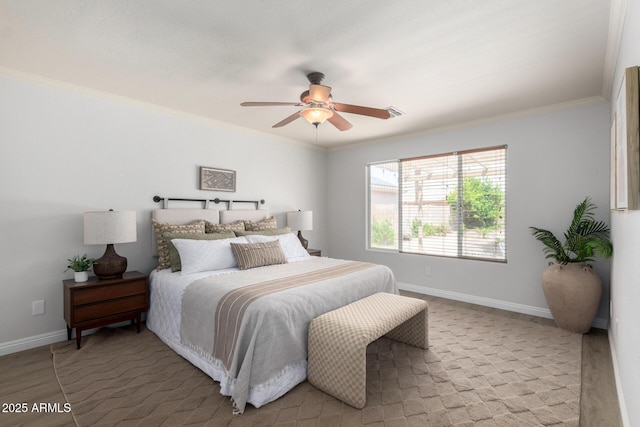 bedroom featuring baseboards, ornamental molding, and a ceiling fan