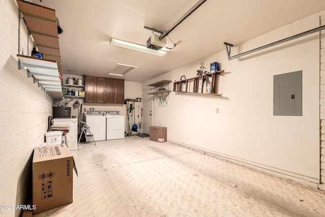 2105 S Zinnia Ave Unit 468, Mesa, AZ 85209 - garage with electric panel, washing machine and clothes dryer, and a garage door opener