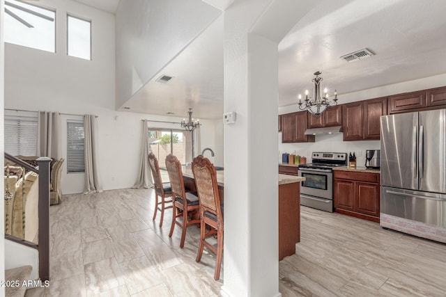 kitchen with a chandelier, pendant lighting, and appliances with stainless steel finishes