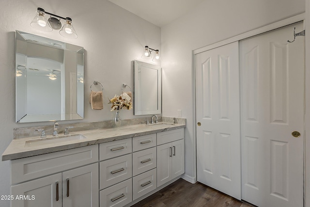 11752 N 135th Pl, Scottsdale, AZ 85259 - full bathroom with a ceiling fan, wood finished floors, a sink, and double vanity