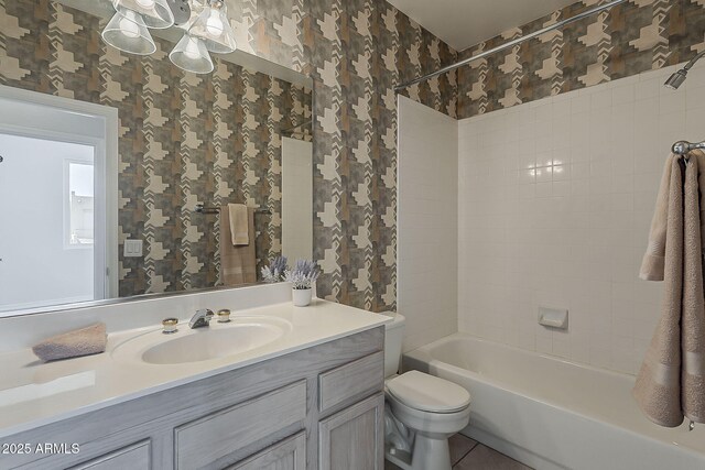 11752 N 135th Pl, Scottsdale, AZ 85259 - full bathroom with toilet, vanity, tile patterned floors, and wallpapered walls