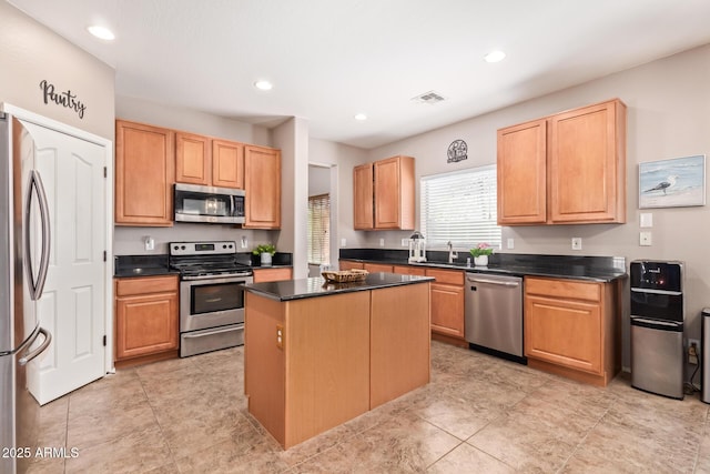 kitchen with sink, stainless steel appliances, and a kitchen island