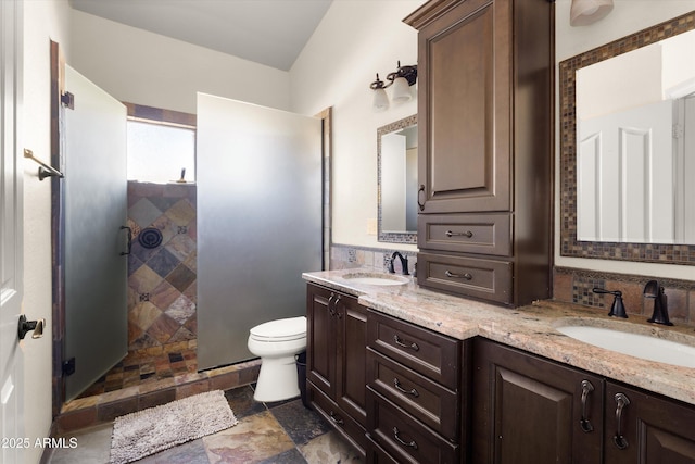 bathroom with toilet, an enclosed shower, and vanity