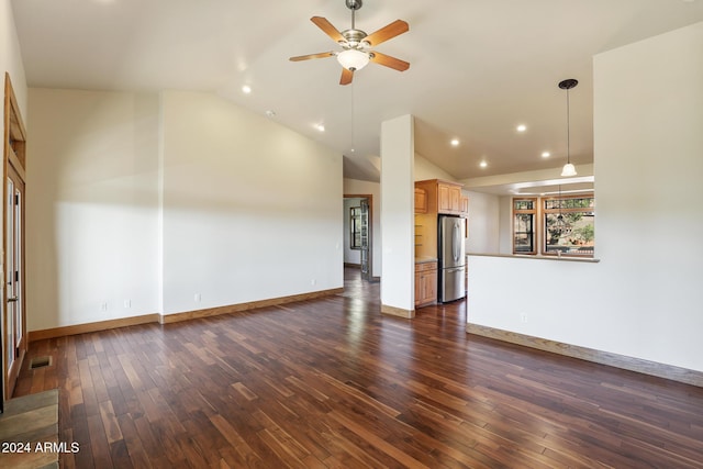 unfurnished living room featuring ceiling fan, dark hardwood / wood-style flooring, and high vaulted ceiling