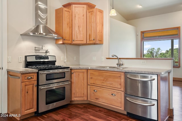 kitchen featuring sink, dark hardwood / wood-style floors, wall chimney range hood, and appliances with stainless steel finishes