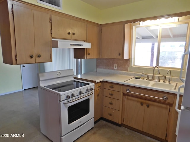 1019 E Granada Ave, Apache Junction, AZ 85119 - kitchen featuring white electric range, exhaust hood, a sink, light countertops, and tasteful backsplash