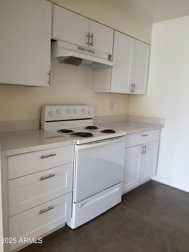 kitchen featuring under cabinet range hood, white electric range oven, light countertops, and white cabinets