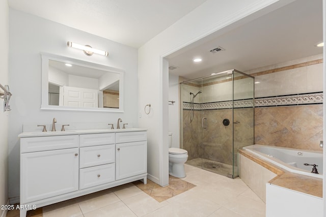 full bathroom featuring tile patterned flooring, toilet, vanity, and plus walk in shower