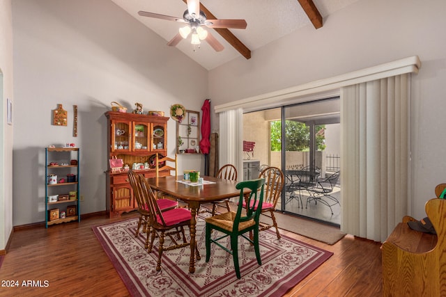 dining space with beamed ceiling, hardwood / wood-style floors, ceiling fan, and high vaulted ceiling