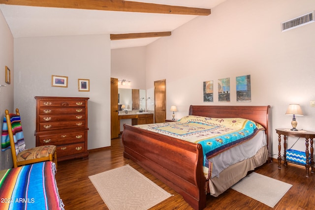 bedroom with high vaulted ceiling, beamed ceiling, and dark hardwood / wood-style floors