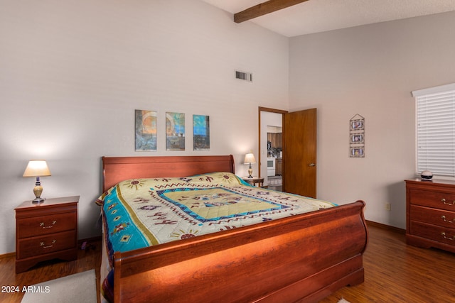 bedroom featuring high vaulted ceiling, beam ceiling, and dark hardwood / wood-style floors