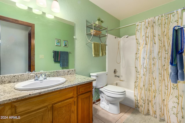 full bathroom with shower / bath combo, toilet, vanity, and tile flooring