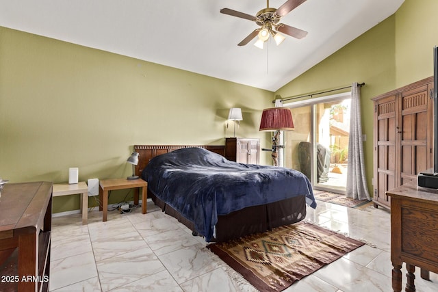 bedroom featuring light marble finish floors, access to outside, vaulted ceiling, and ceiling fan