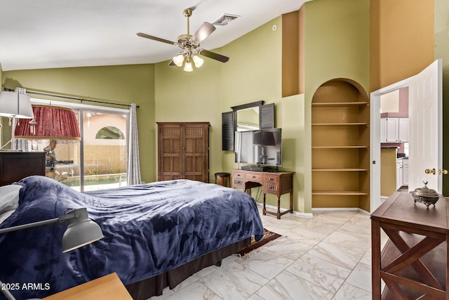 bedroom featuring marble look tiles, access to exterior, high vaulted ceiling, and ceiling fan
