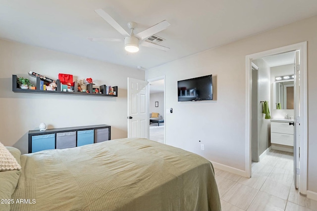 bedroom with ensuite bath and ceiling fan