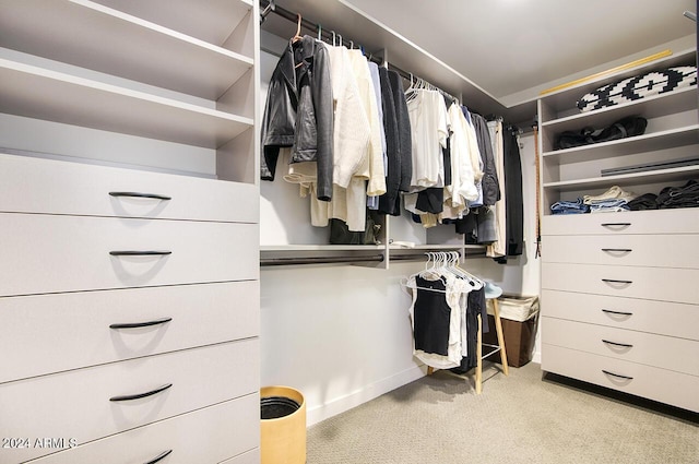 walk in closet featuring light colored carpet