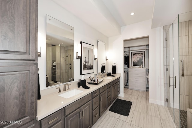 bathroom featuring a shower stall, a spacious closet, double vanity, and a sink