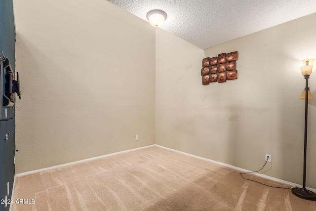 spare room featuring baseboards, a textured ceiling, and light carpet
