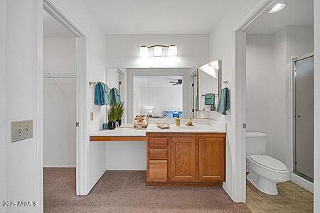 full bath featuring vanity, a stall shower, and toilet