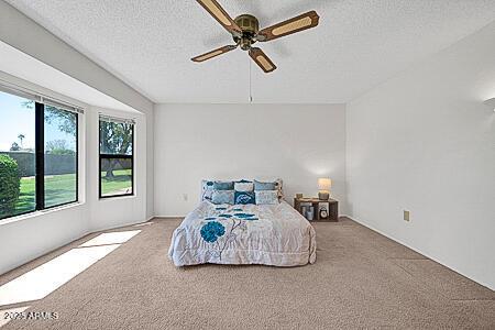 carpeted bedroom featuring multiple windows, a textured ceiling, and a ceiling fan