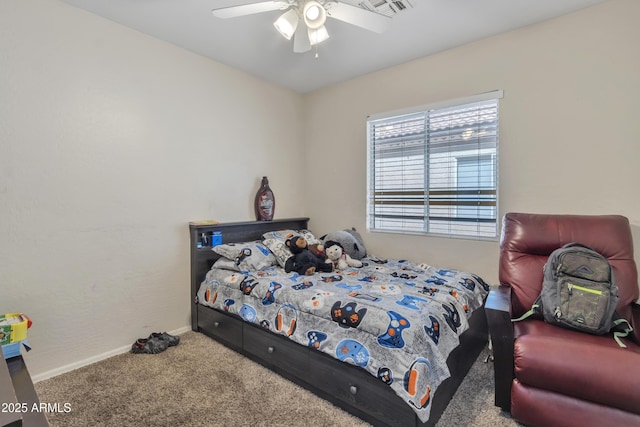 bedroom featuring baseboards, ceiling fan, and carpet