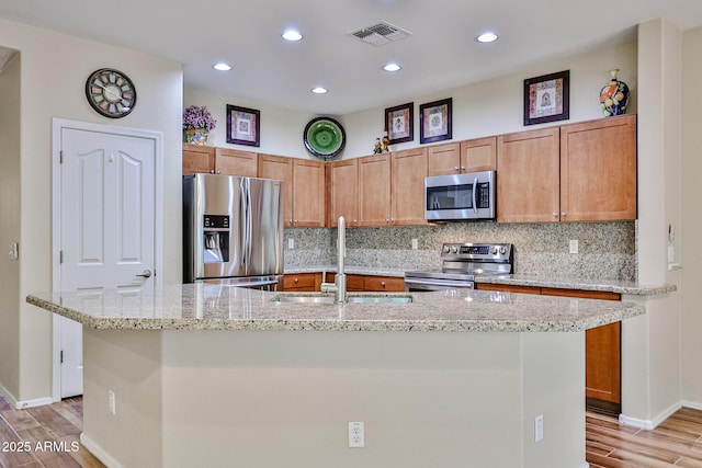 kitchen with visible vents, light wood-style flooring, a sink, tasteful backsplash, and stainless steel appliances