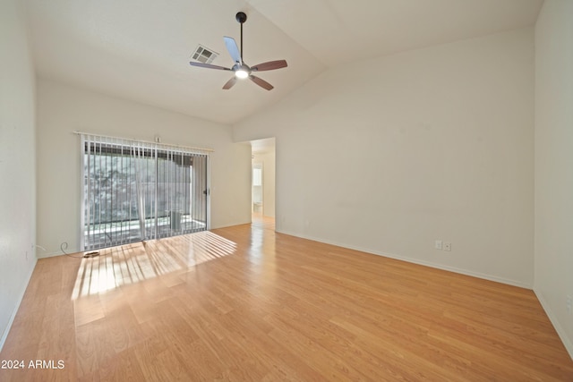 unfurnished room with ceiling fan, high vaulted ceiling, and light hardwood / wood-style floors