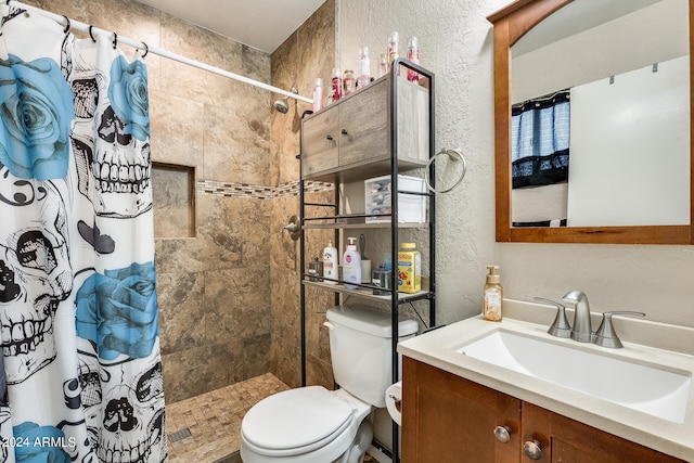 bathroom with a shower with curtain, toilet, and vanity