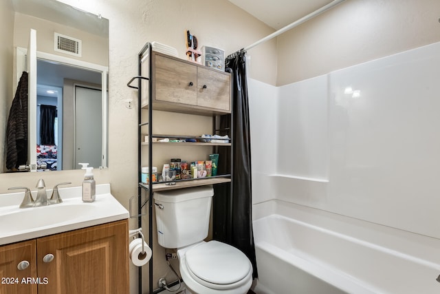 full bathroom featuring vanity, toilet, and shower / bathtub combination with curtain