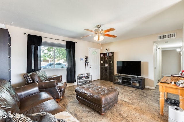 living room featuring ceiling fan