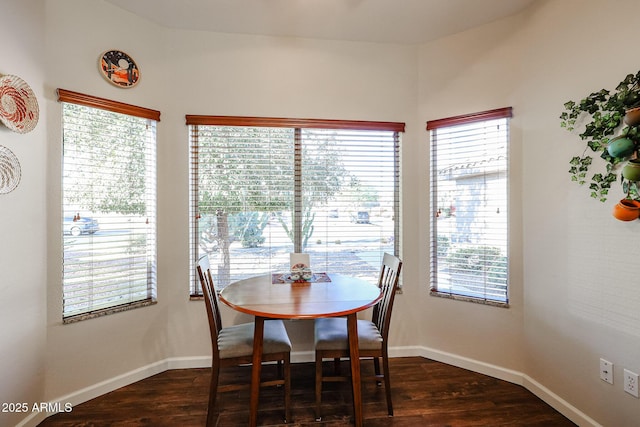 dining space with dark wood-type flooring and a wealth of natural light