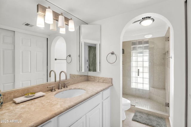 full bathroom featuring tile patterned flooring, visible vents, a shower stall, toilet, and vanity