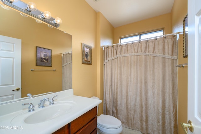 full bathroom featuring toilet, curtained shower, and vanity