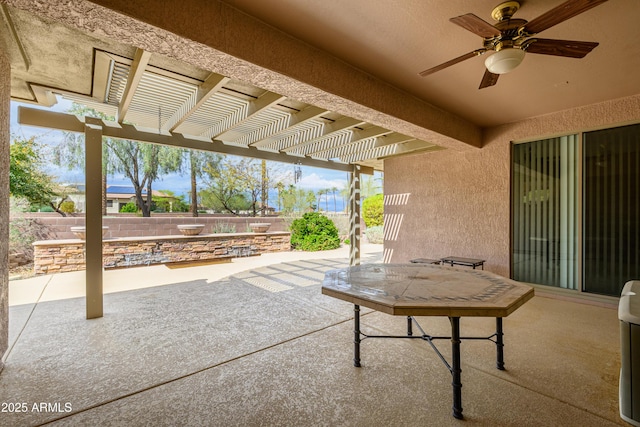 view of patio / terrace featuring a pergola, a ceiling fan, and fence