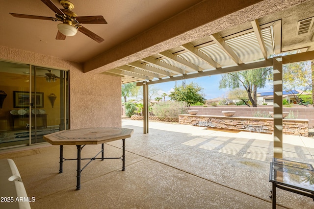 view of patio / terrace with visible vents, a pergola, a ceiling fan, and fence