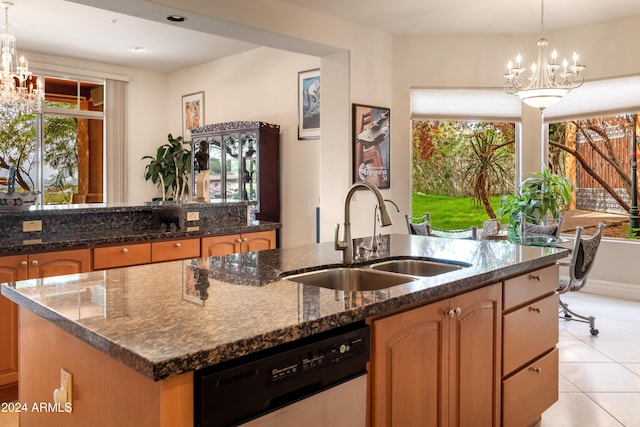 15972 N 115th Way, Scottsdale, AZ 85255 - kitchen featuring a sink, dishwasher, a chandelier, and dark stone countertops