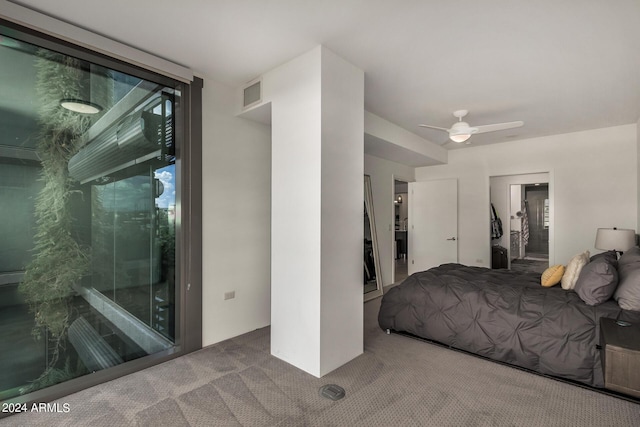 bedroom featuring access to exterior, carpet, visible vents, and ceiling fan