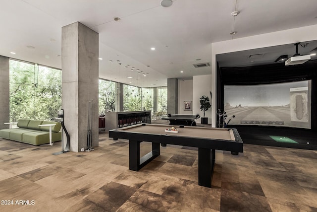 recreation room with a wall of windows, recessed lighting, visible vents, and billiards