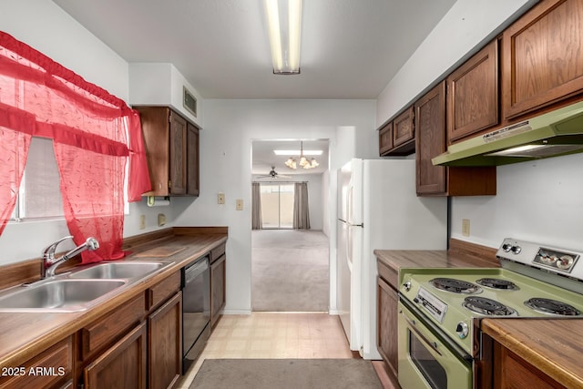 kitchen featuring sink, dishwasher, ceiling fan, electric range, and white fridge