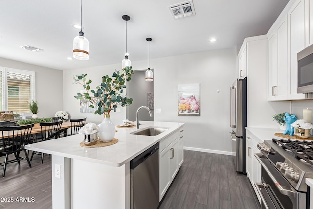 kitchen featuring pendant lighting, sink, appliances with stainless steel finishes, an island with sink, and white cabinets