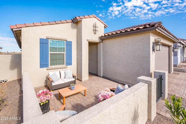 view of patio with a garage