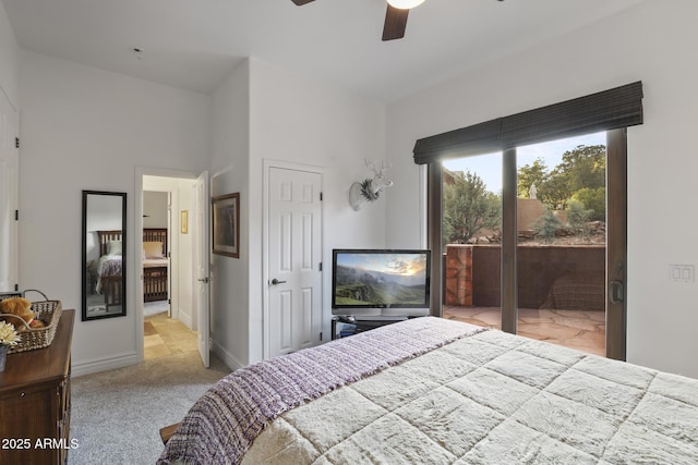 4562 N Dream Catcher Way, Pine, AZ 85544 - bedroom with carpet floors, access to exterior, a ceiling fan, and baseboards