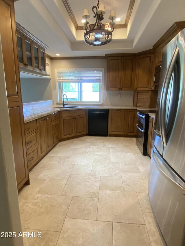19322 E Calle De Flores, Queen Creek, AZ 85142 - kitchen with a tray ceiling, an inviting chandelier, a sink, crown molding, and stainless steel appliances