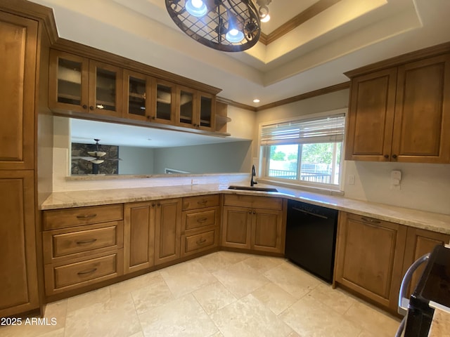 19322 E Calle De Flores, Queen Creek, AZ 85142 - kitchen featuring a tray ceiling, glass insert cabinets, ornamental molding, a sink, and black appliances