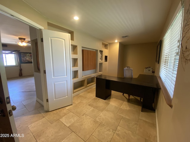 19322 E Calle De Flores, Queen Creek, AZ 85142 - office space featuring stone tile floors, ceiling fan, visible vents, and recessed lighting