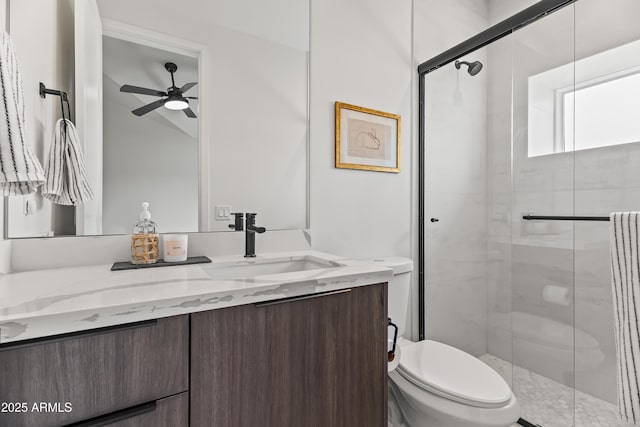 full bath featuring a shower stall, toilet, and vanity