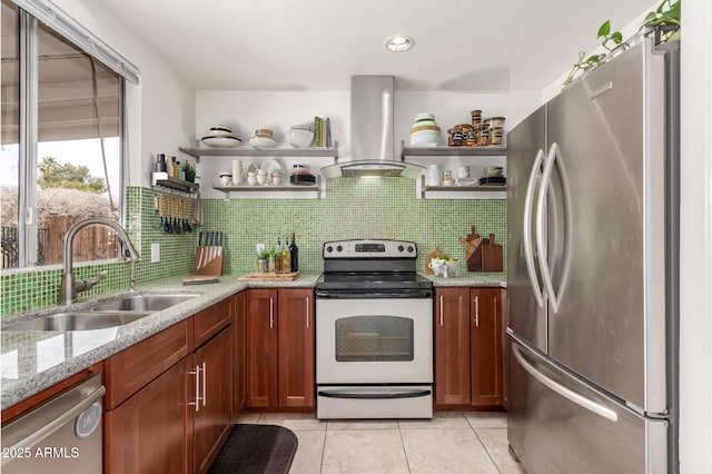 kitchen featuring island exhaust hood, open shelves, stainless steel appliances, light tile patterned flooring, and a sink