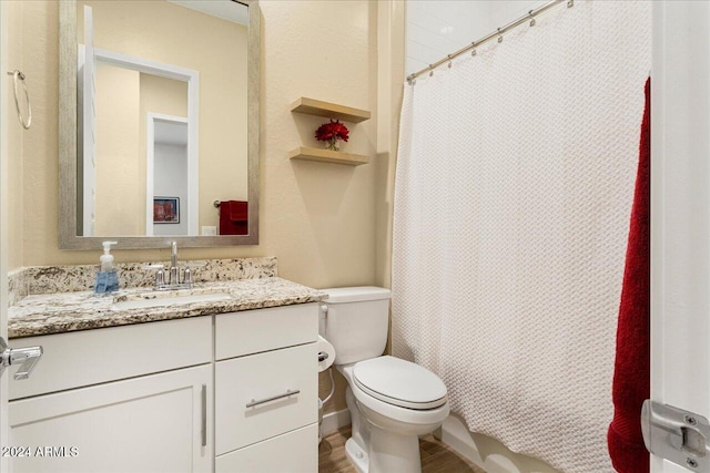 full bathroom featuring vanity, shower / tub combo, and toilet