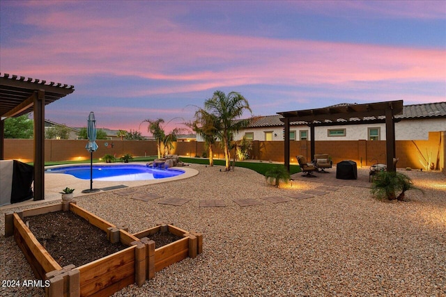 playground at dusk featuring a pergola, a patio area, and a fenced in pool