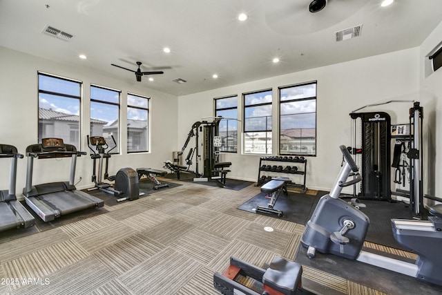 gym featuring carpet floors, visible vents, and recessed lighting